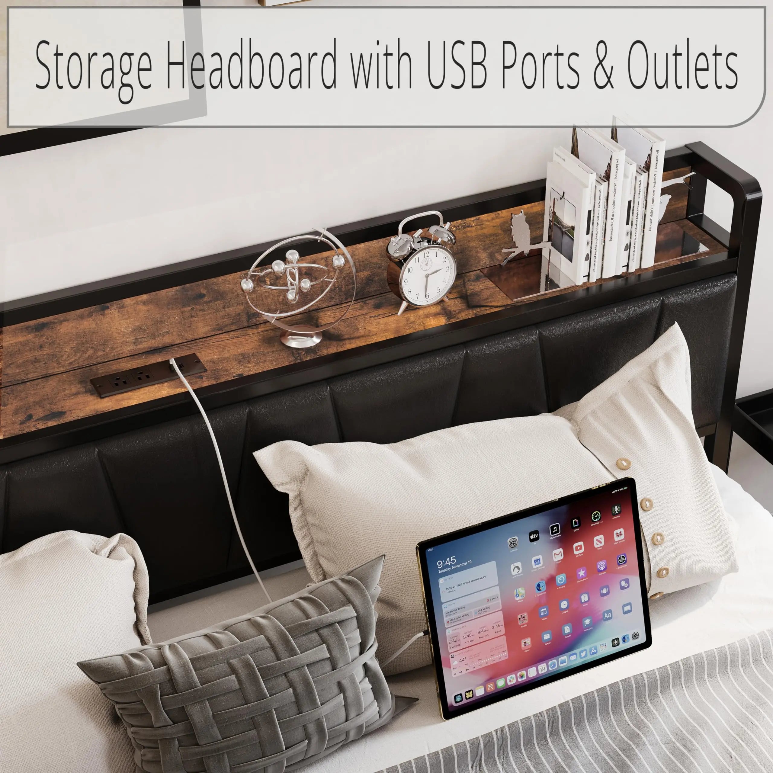 Floating Bed Frame with Storage Headboard & Charging Port