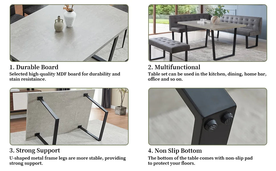 3 Piece Dining Table Set with Gray Bench, Modern Kitchen Table with Right Seat Corner Bench and Bench for Family Dining Room