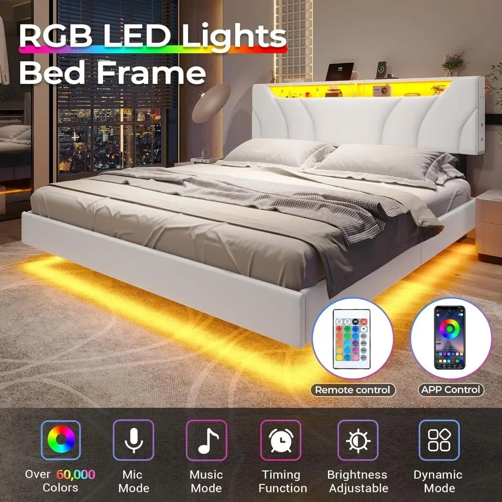 Floating Full Bed Frame with LED, USB & Type-C Ports