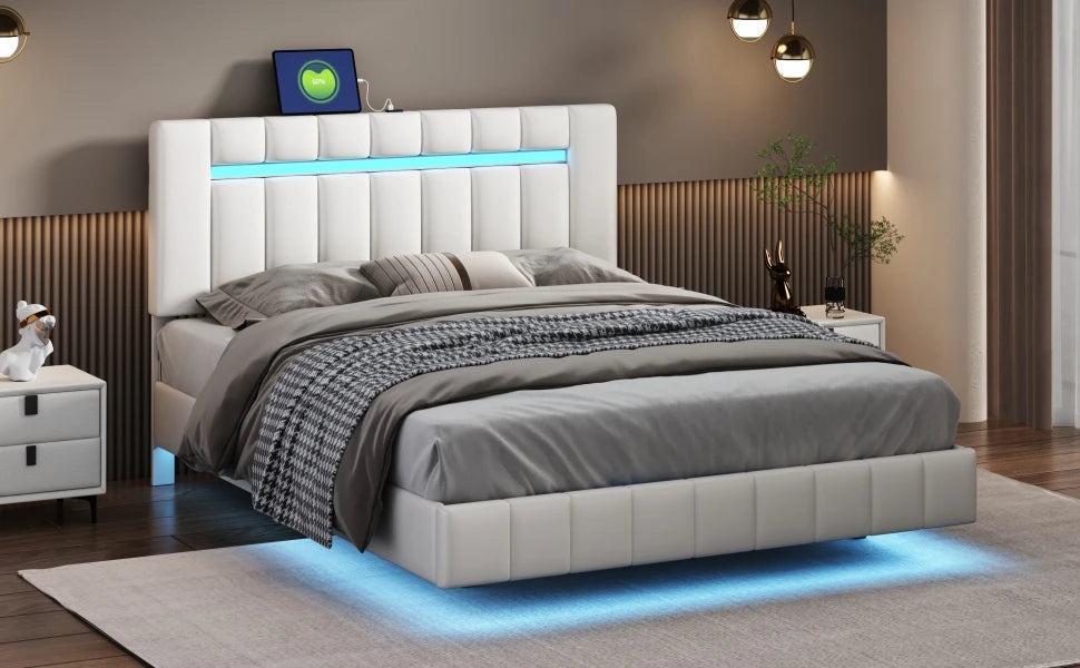 Floating Bed Frame with LED Lights & USB Charging - Queen/Full