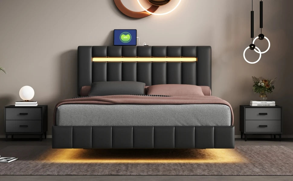 Floating Bed Frame with LED Lights & USB Charging - Queen/Full