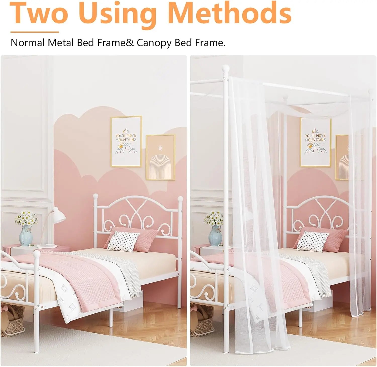 Twin Canopy Bed Frame with Headboard and Metal Four Posters Curtains Design Mattress Foundation Bed Platform