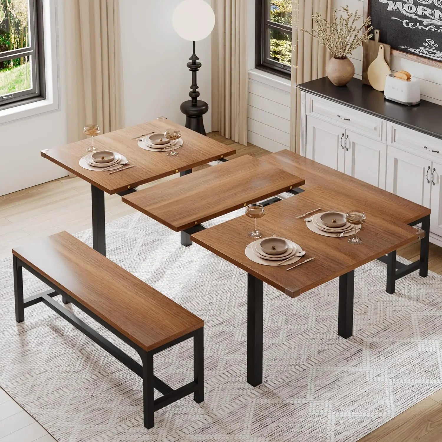 Extendable Dining Table Set for 4-6 with 2 Benches
