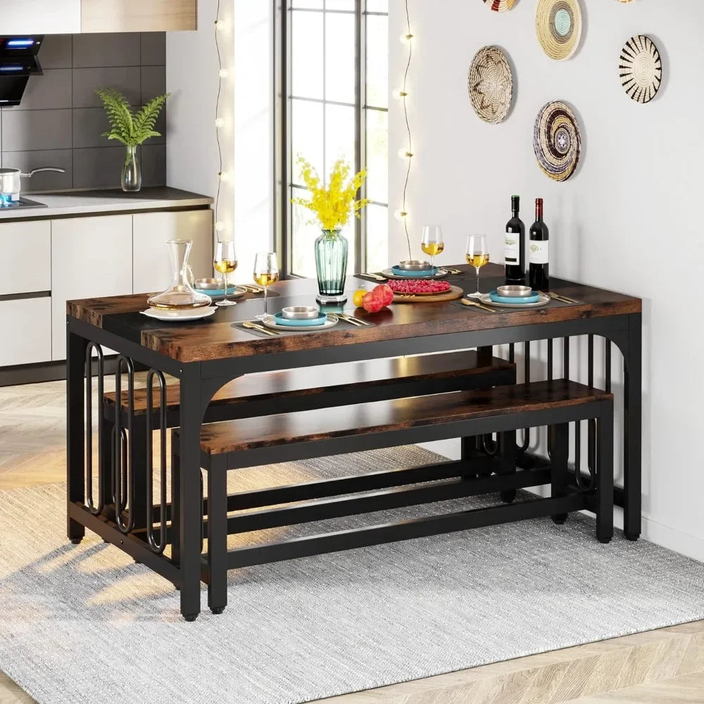 Dining Table Set for 4-6 with 2 Benches