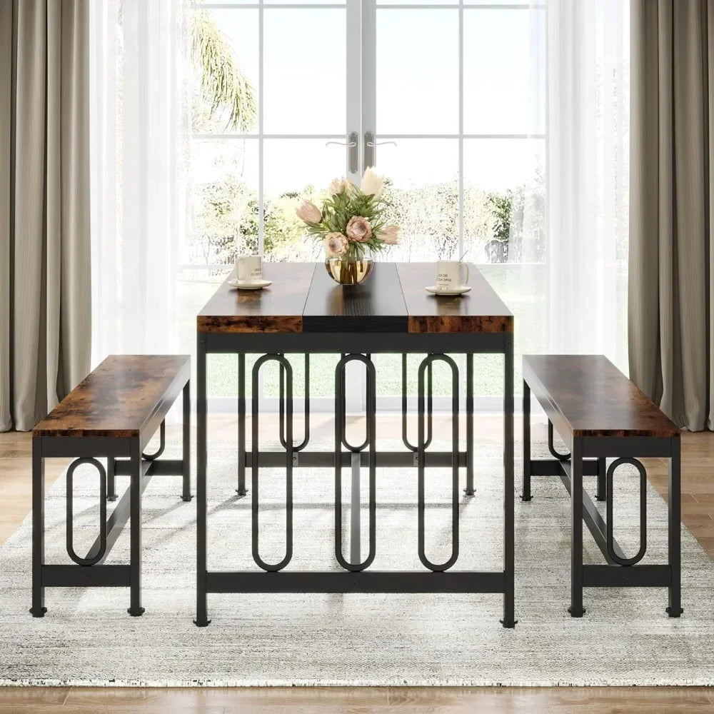 Dining Table Set for 4-6 with 2 Benches