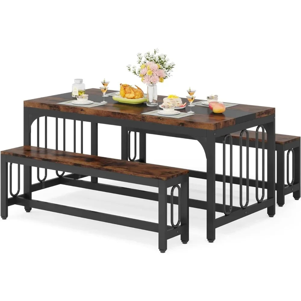 Dining Table Set for 4-6 with 2 Benches