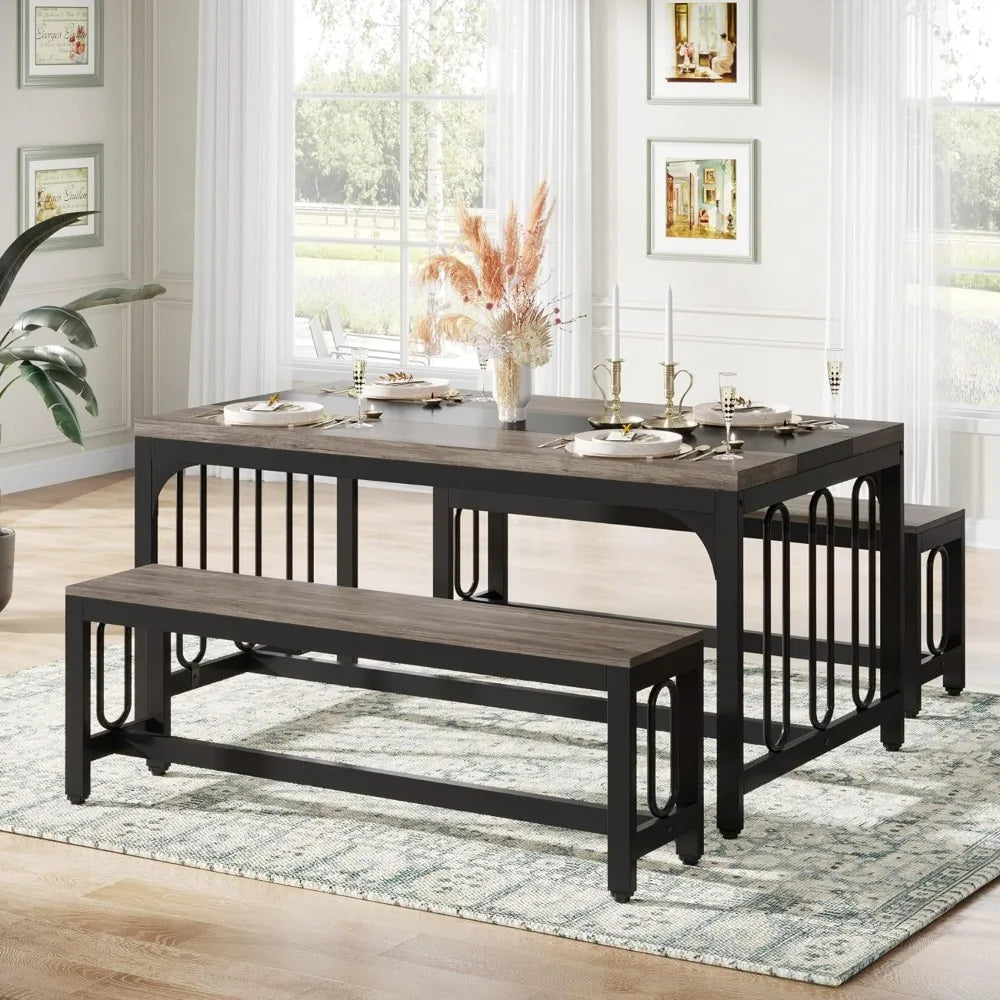 Dining Table Set for 4-6 with 2 Benches