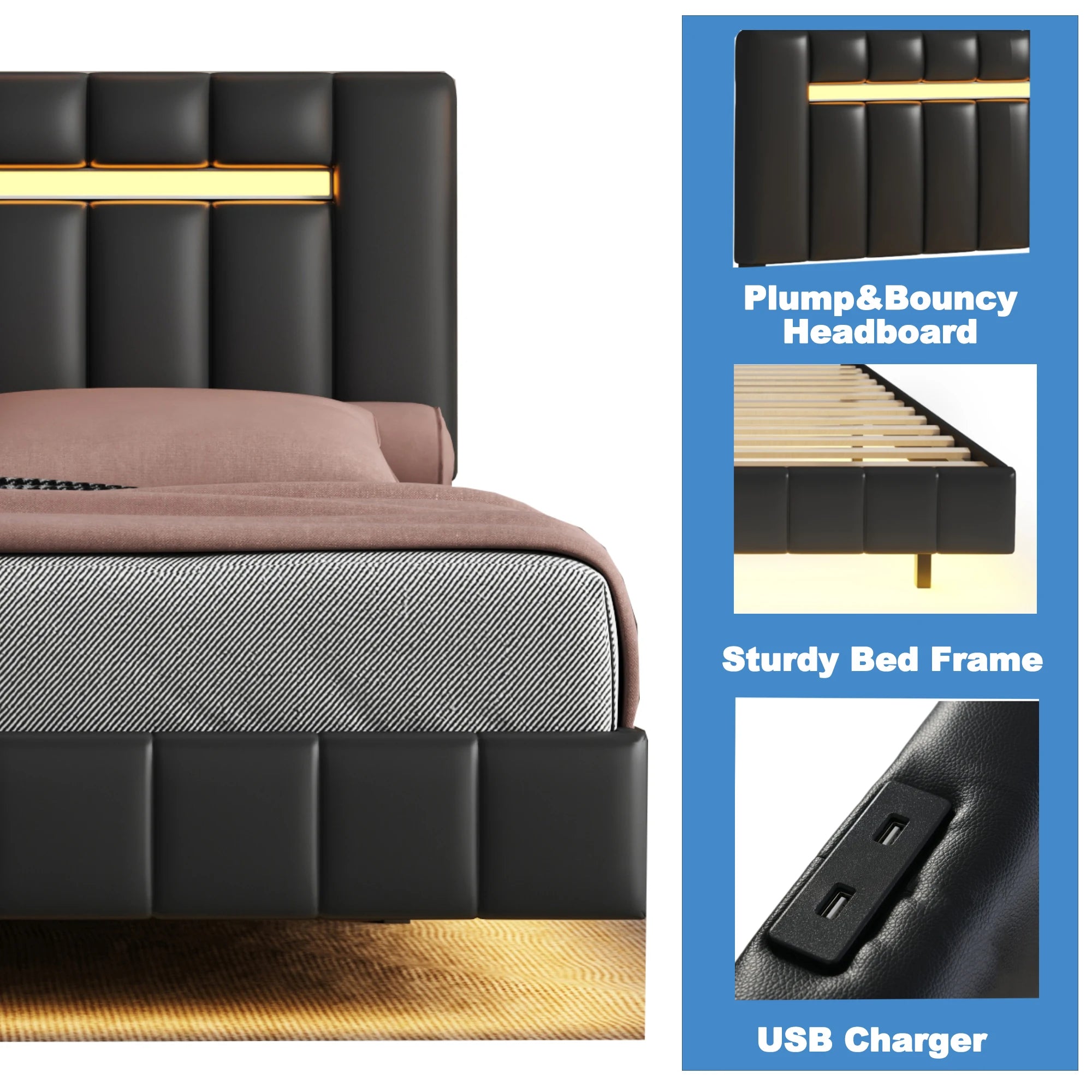 Floating Bed Frame with LED Lights & USB Charging - Queen/Full