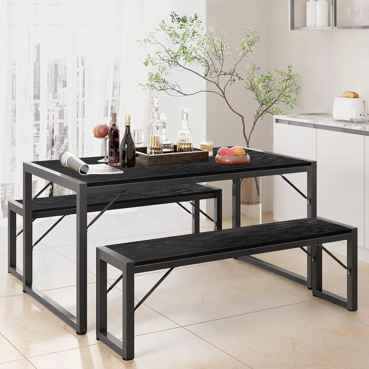 Space-Saving Dining Table Set with 2 Benches