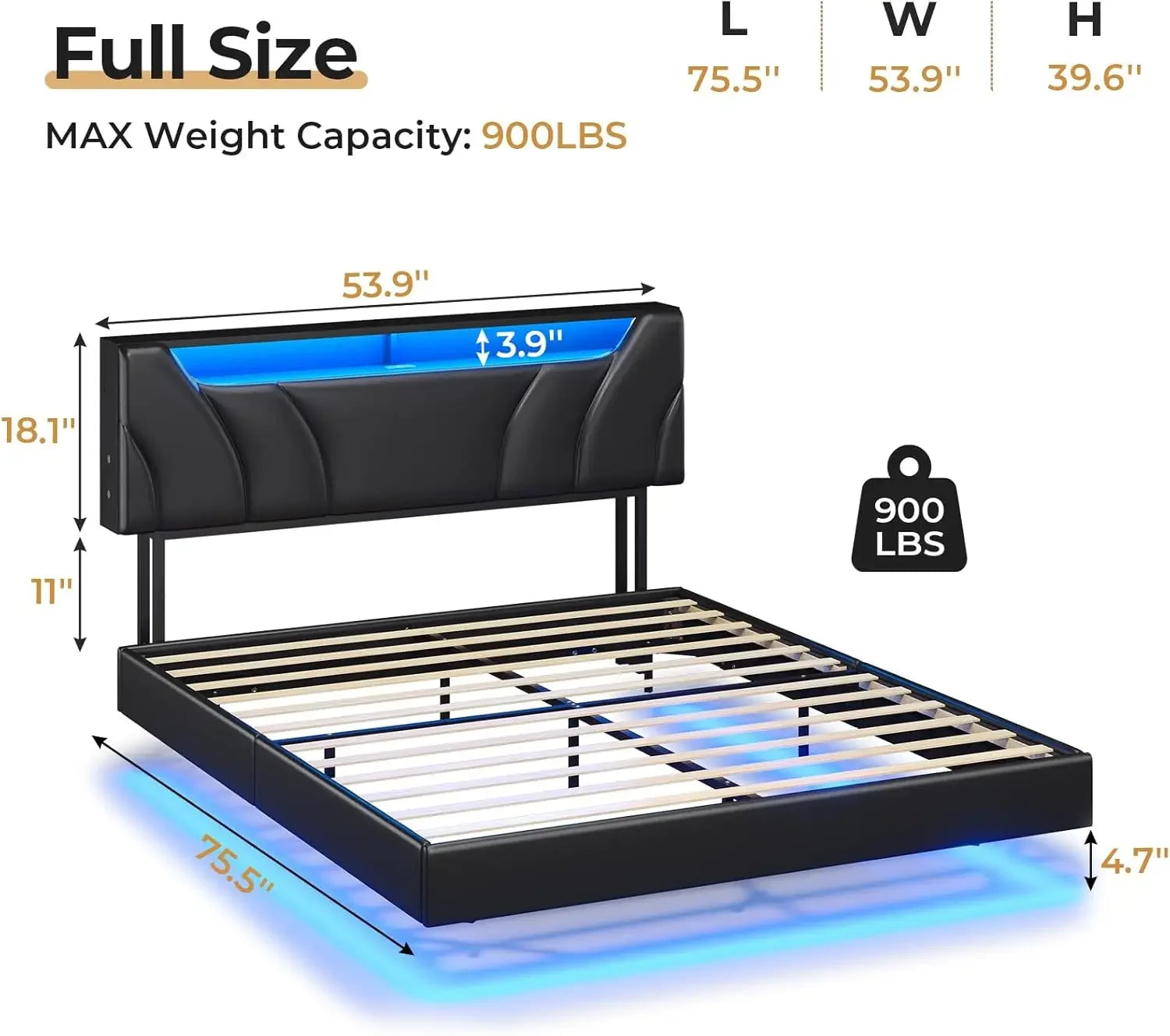Floating Full Bed Frame with LED, USB & Type-C Ports