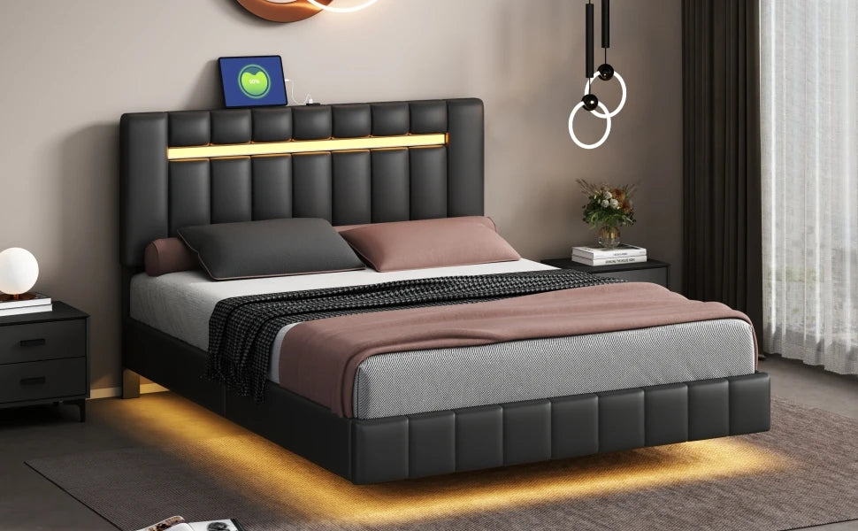 Floating Bed Frame with LED Lights & USB Charging - Queen/Full