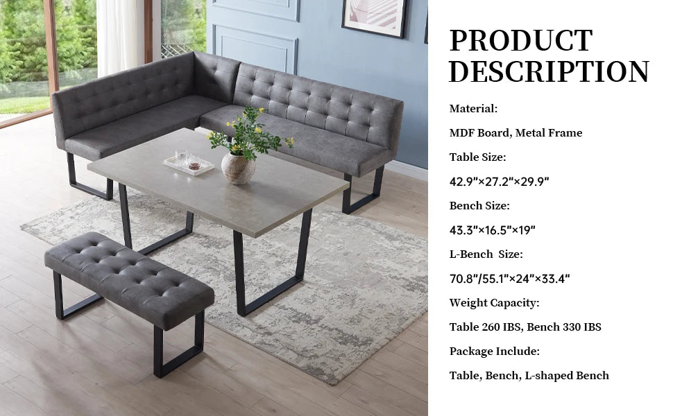3 Piece Dining Table Set with Gray Bench, Modern Kitchen Table with Right Seat Corner Bench and Bench for Family Dining Room