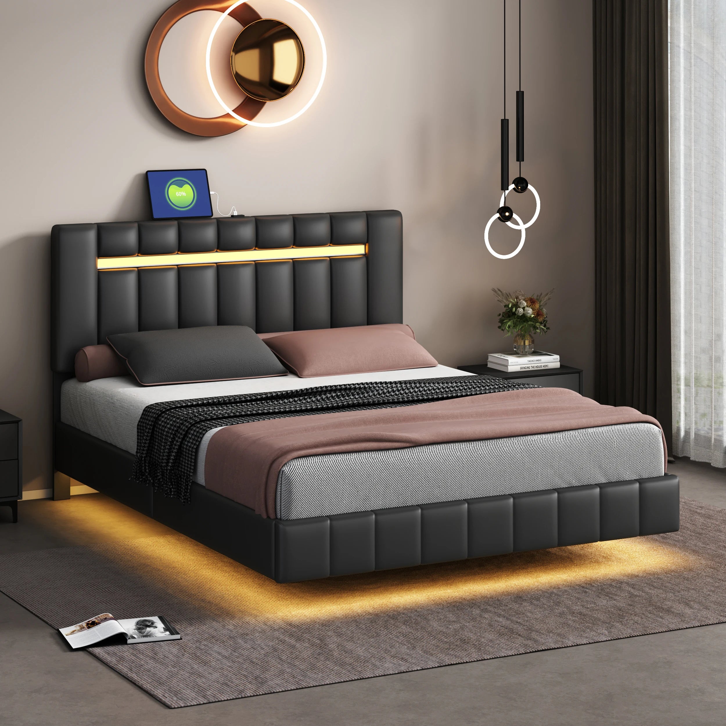 Floating Bed Frame with LED Lights & USB Charging - Queen/Full