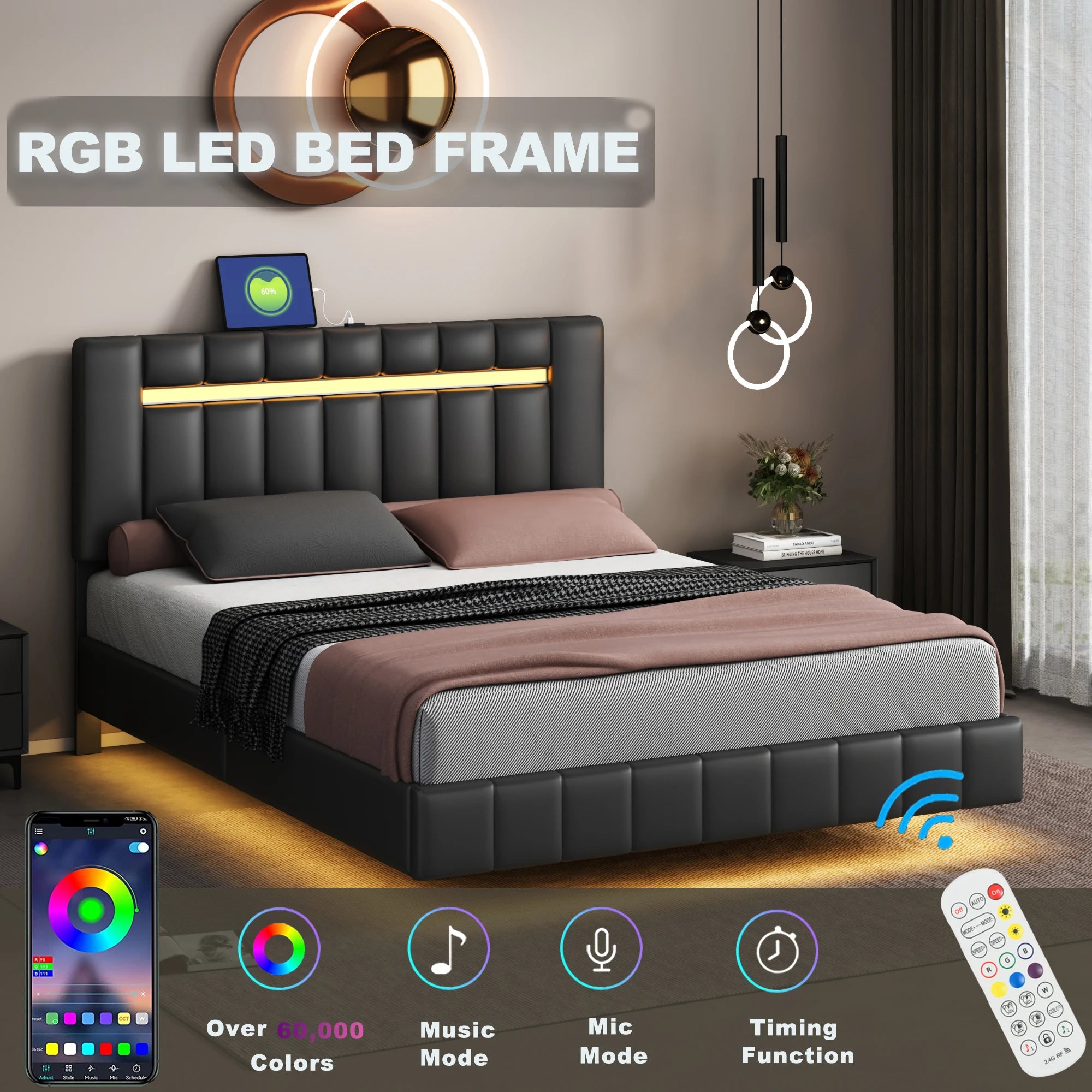 Floating Bed Frame with LED Lights & USB Charging - Queen/Full
