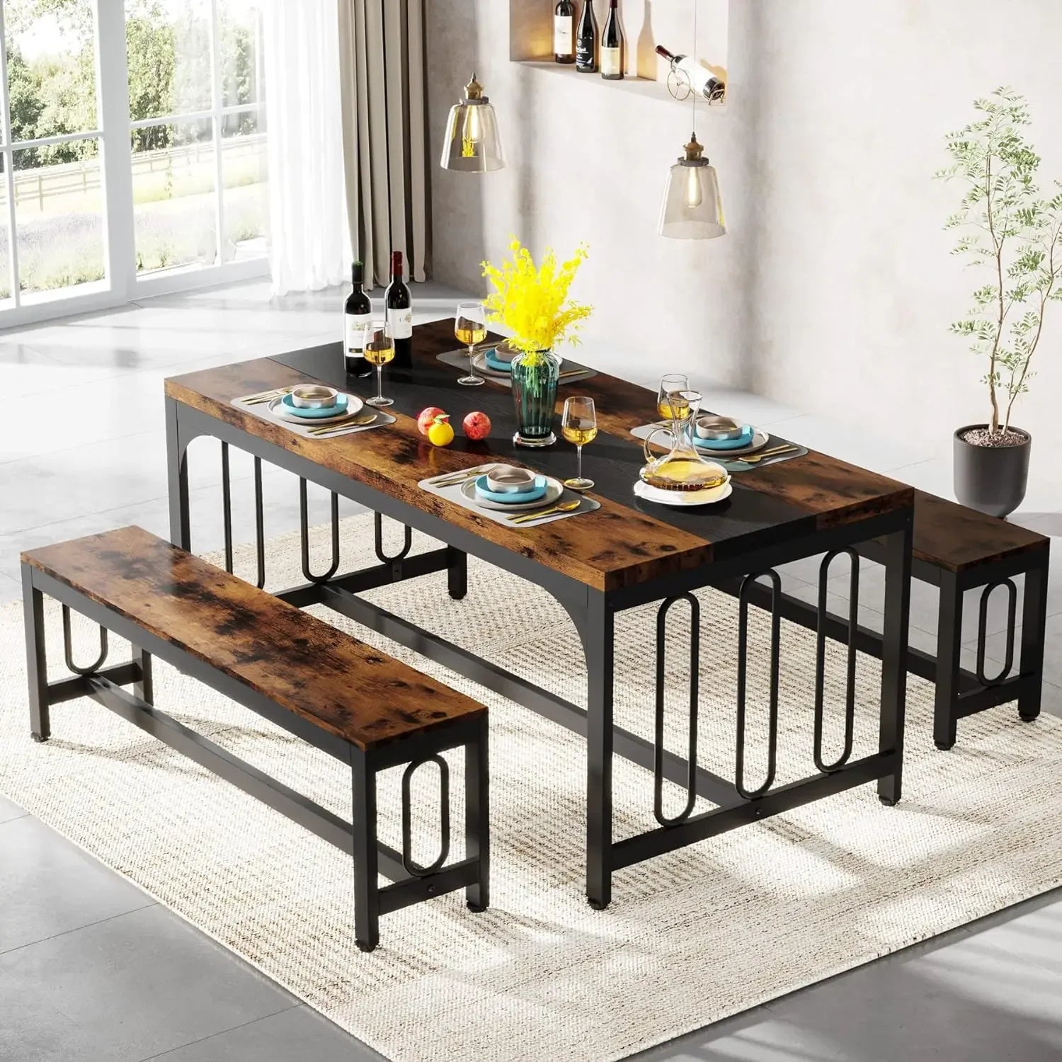 Dining Table Set for 4-6 with 2 Benches