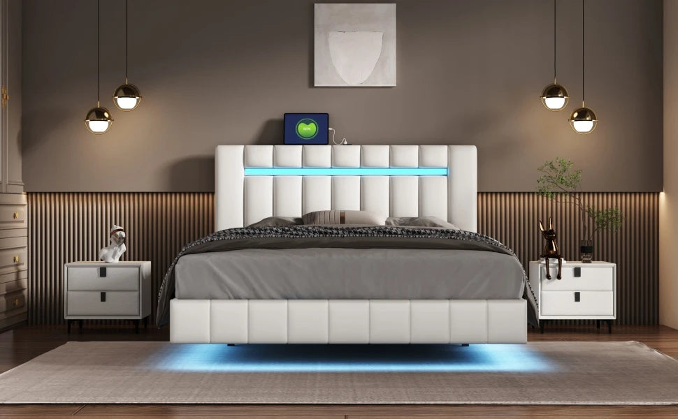 Floating Bed Frame with LED Lights & USB Charging - Queen/Full