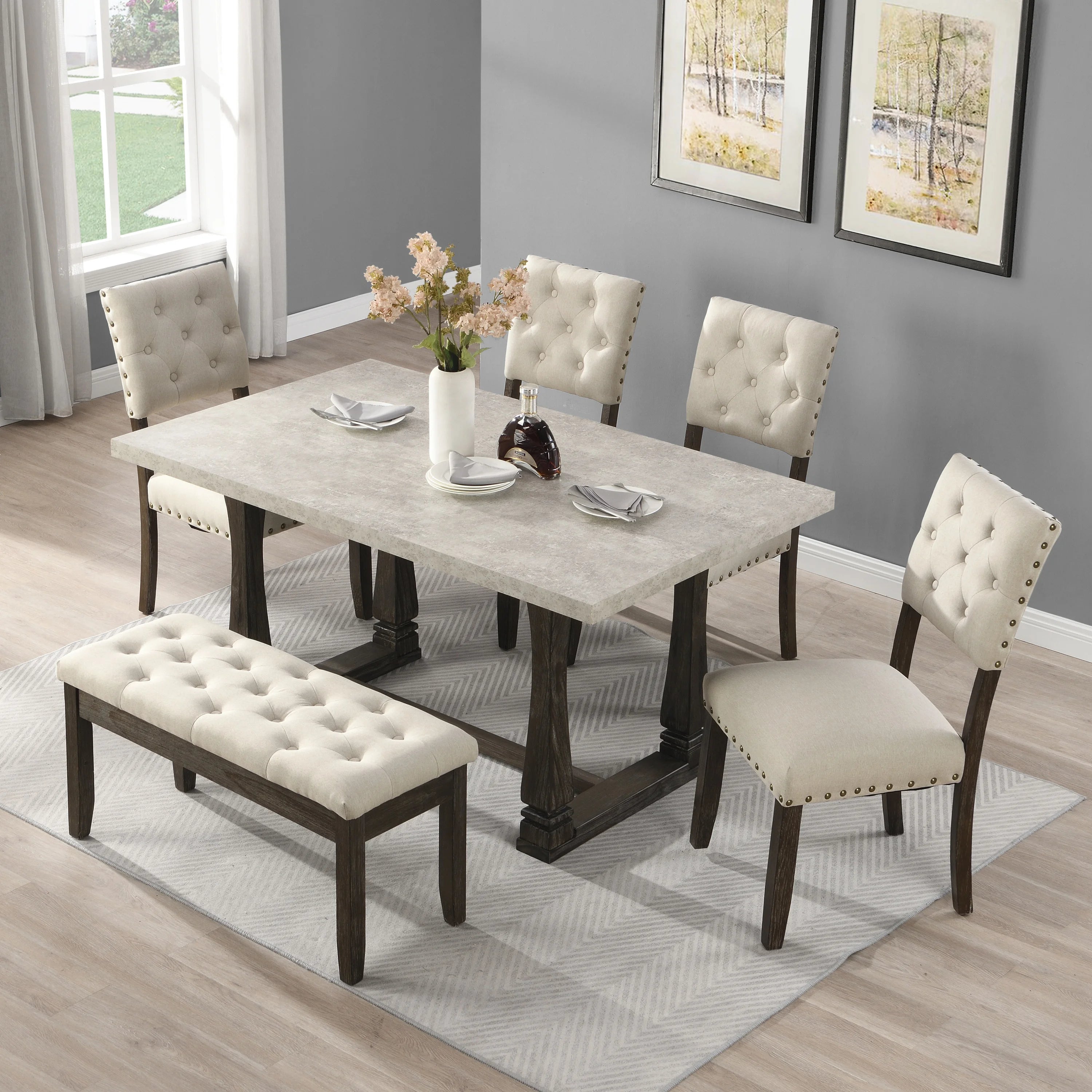 Button Tufted Upholstered Dining Bench & 60" Table Set
