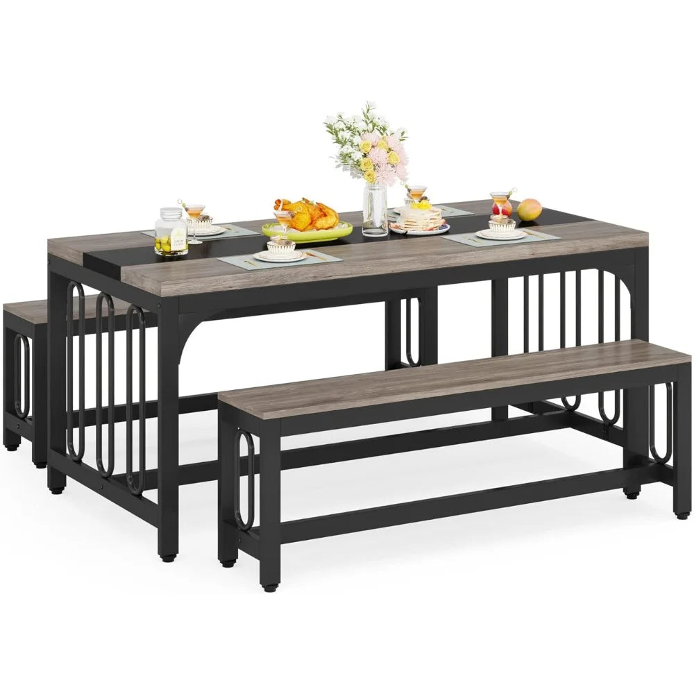 Dining Table Set for 4-6 with 2 Benches