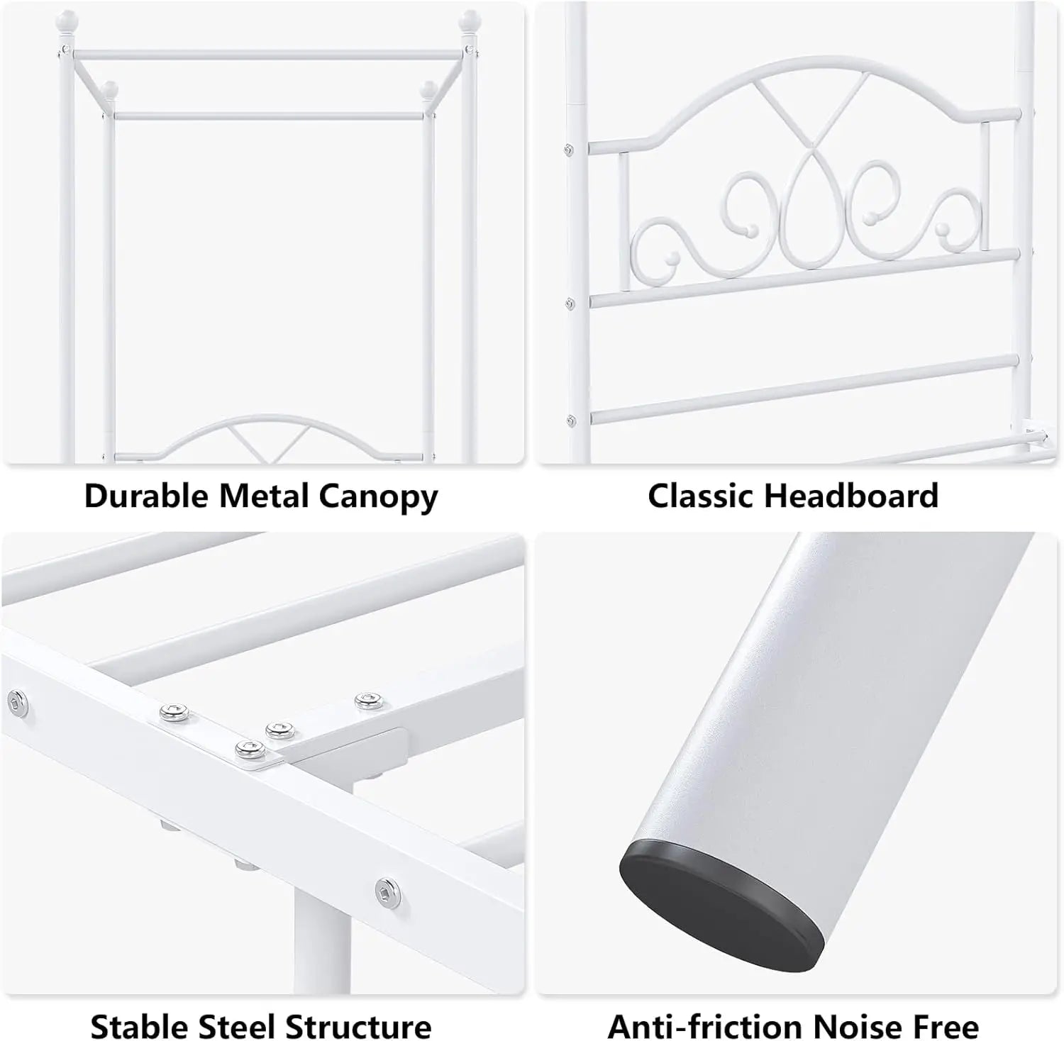 Twin Canopy Bed Frame with Headboard and Metal Four Posters Curtains Design Mattress Foundation Bed Platform