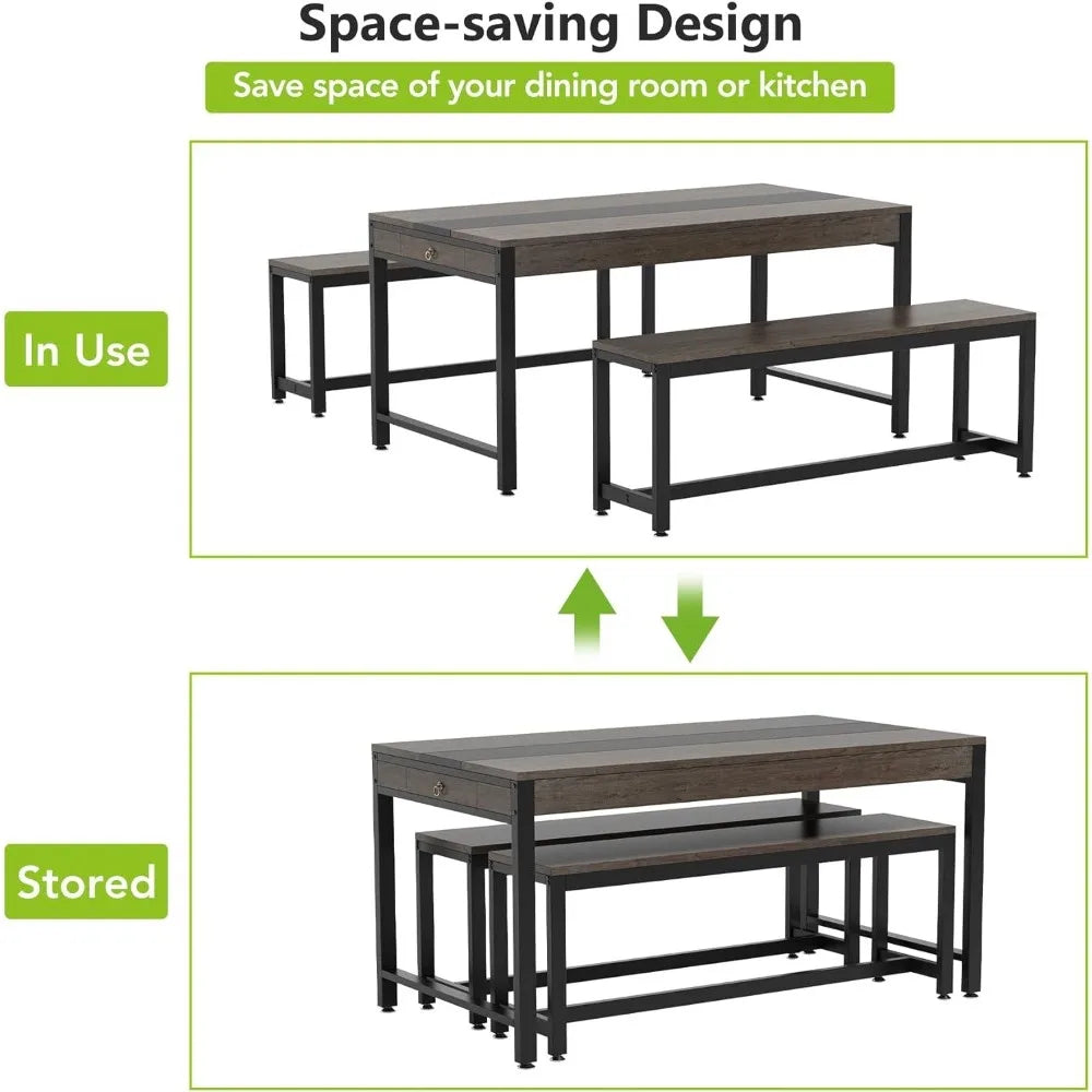 Large Dining Table Set with 2 Benches & Drawer