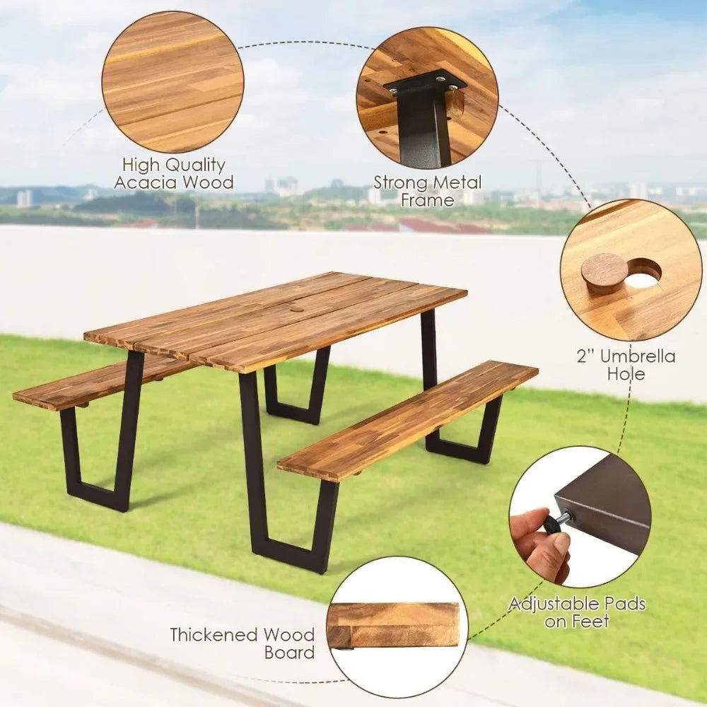Modern Picnic Table Bench Set with Umbrella Hole