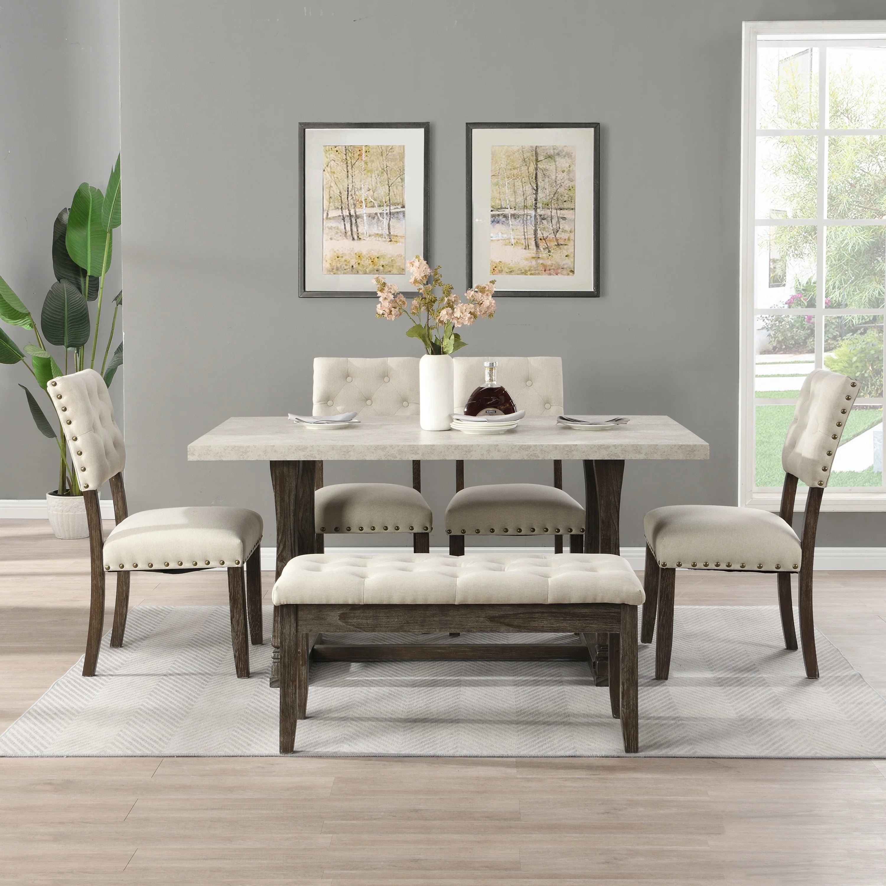 Button Tufted Upholstered Dining Bench & 60" Table Set