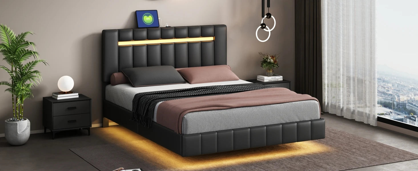 Floating Bed Frame with LED Lights & USB Charging - Queen/Full