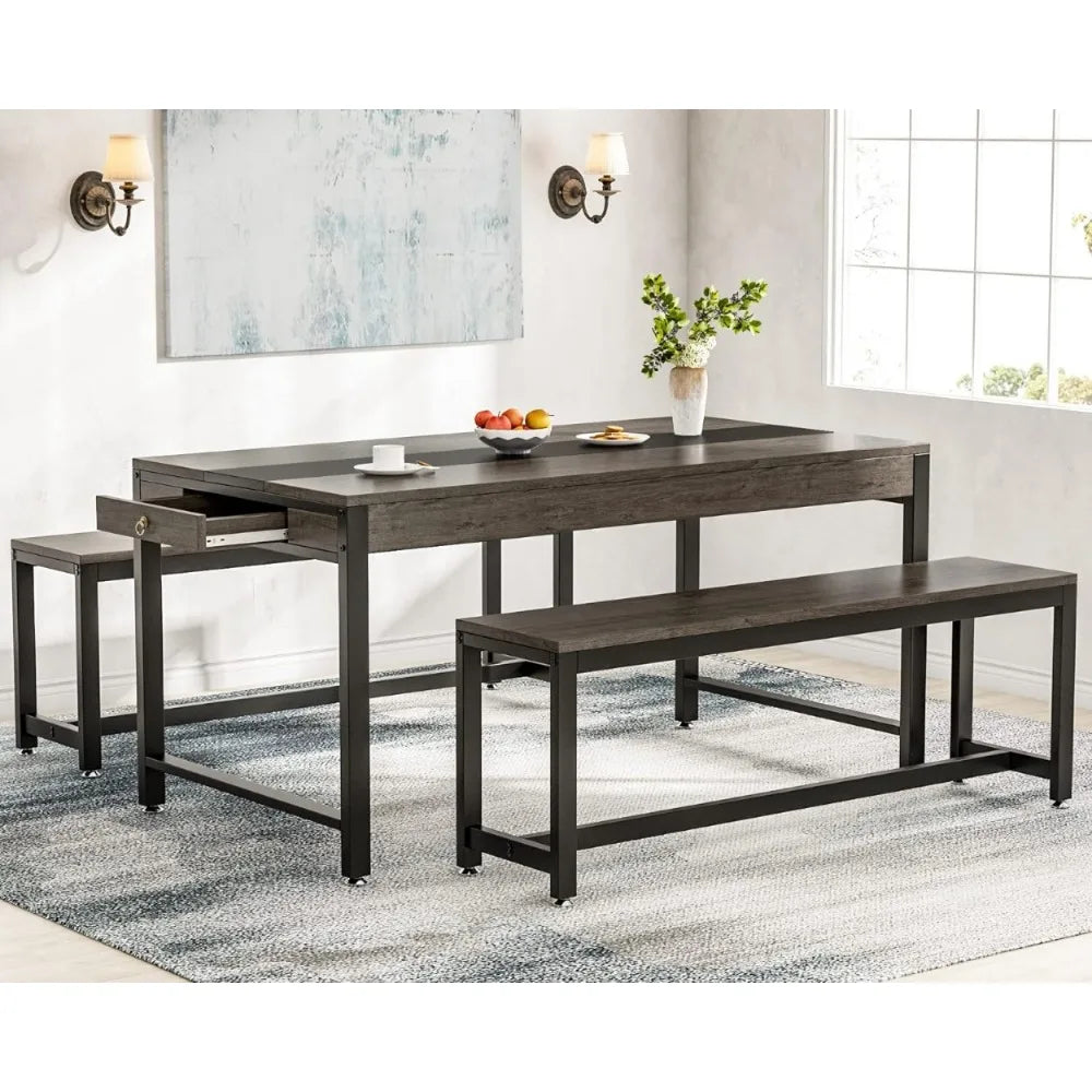 Large Dining Table Set with 2 Benches & Drawer