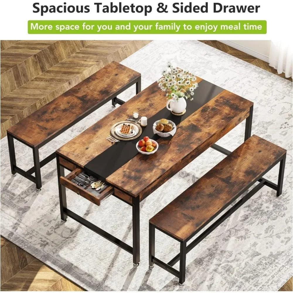 Large Dining Table Set with 2 Benches & Drawer