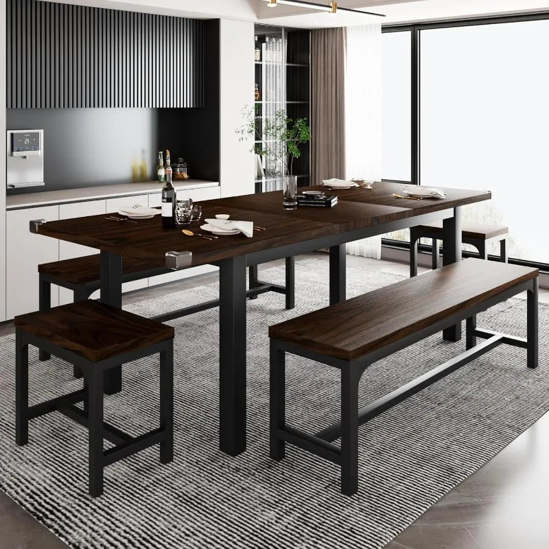 5-Piece Extendable Dining Set with 2 Benches & 2 Stools