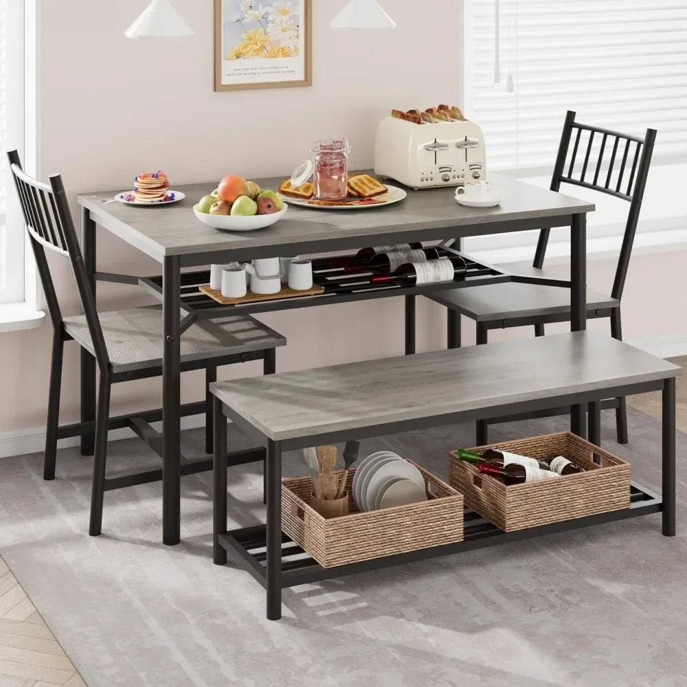 Dining Table Set for 4 with Storage Bench & Wine Rack