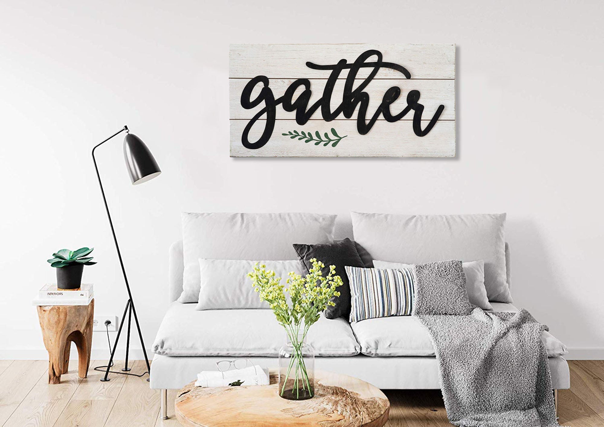 Retro Wood and Metal Gather Sign Wall Decor, White and Black