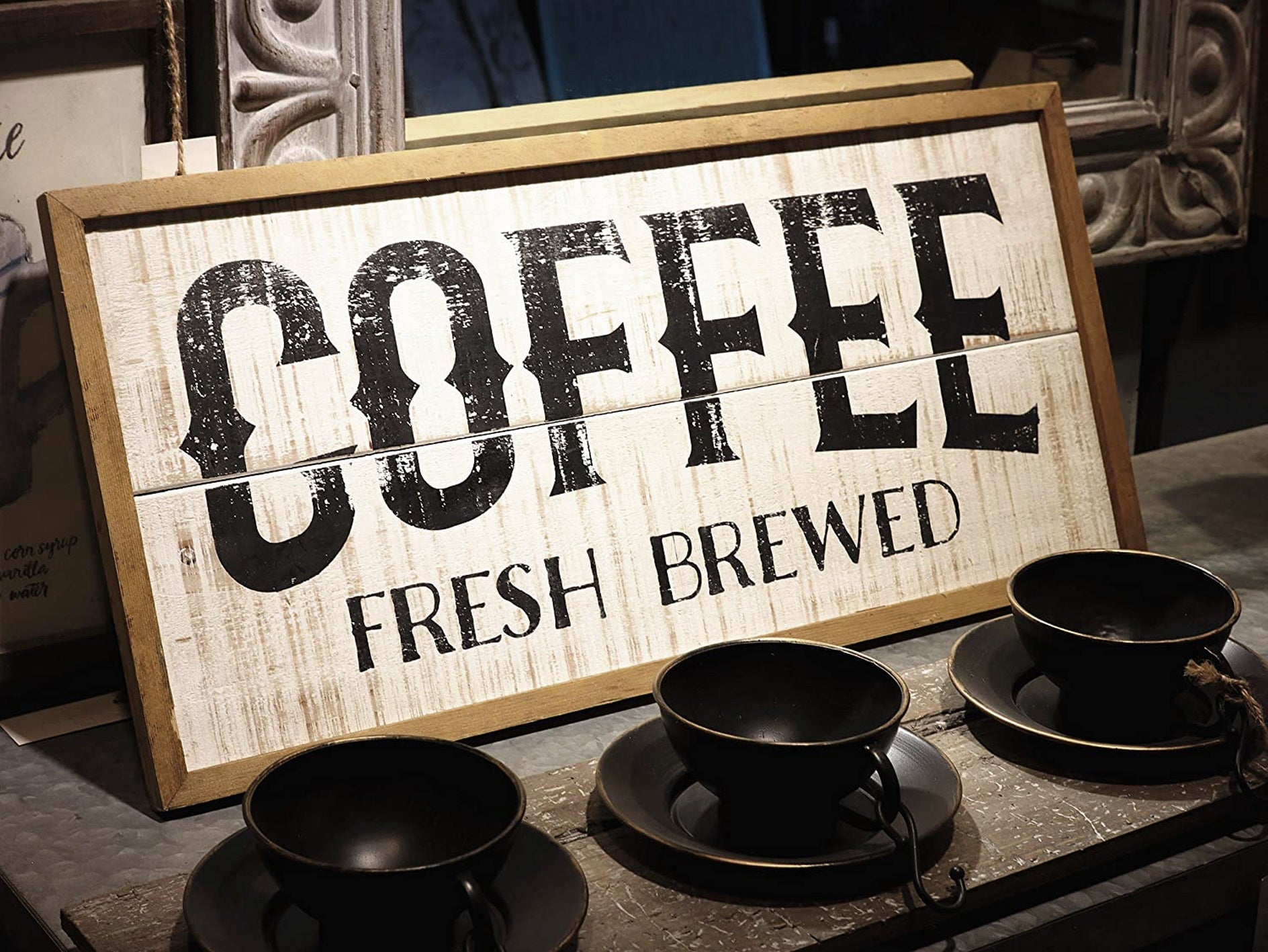 Wood Framed Coffee Sign, Decorative Wood Coffee Wall Plaque