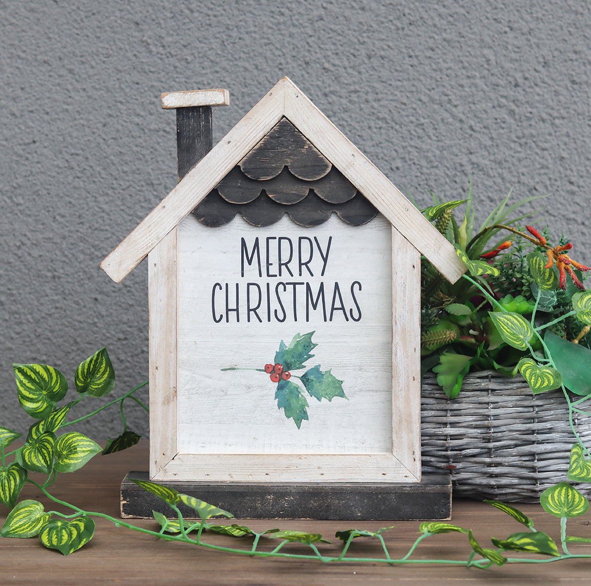 Wooden House Shaped Tabletop Decor with Merry Christmas Sign