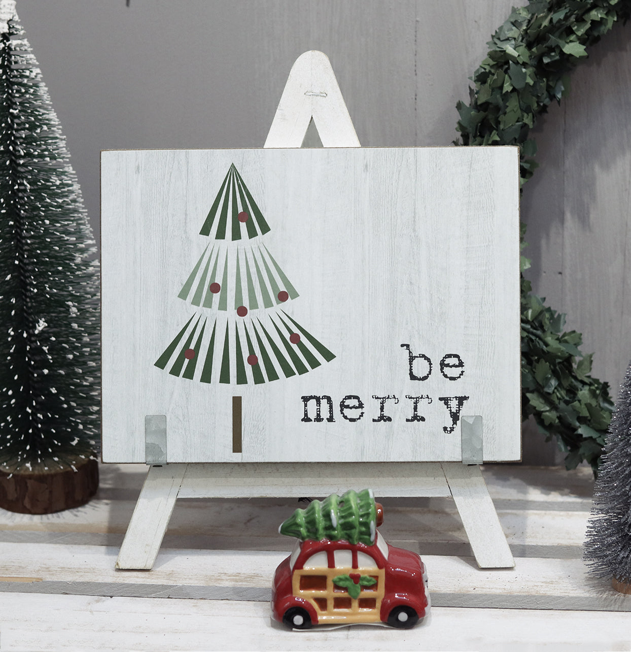 Holiday Tree Wood Sign with Wooden A-Framed Easel (Be Merry)