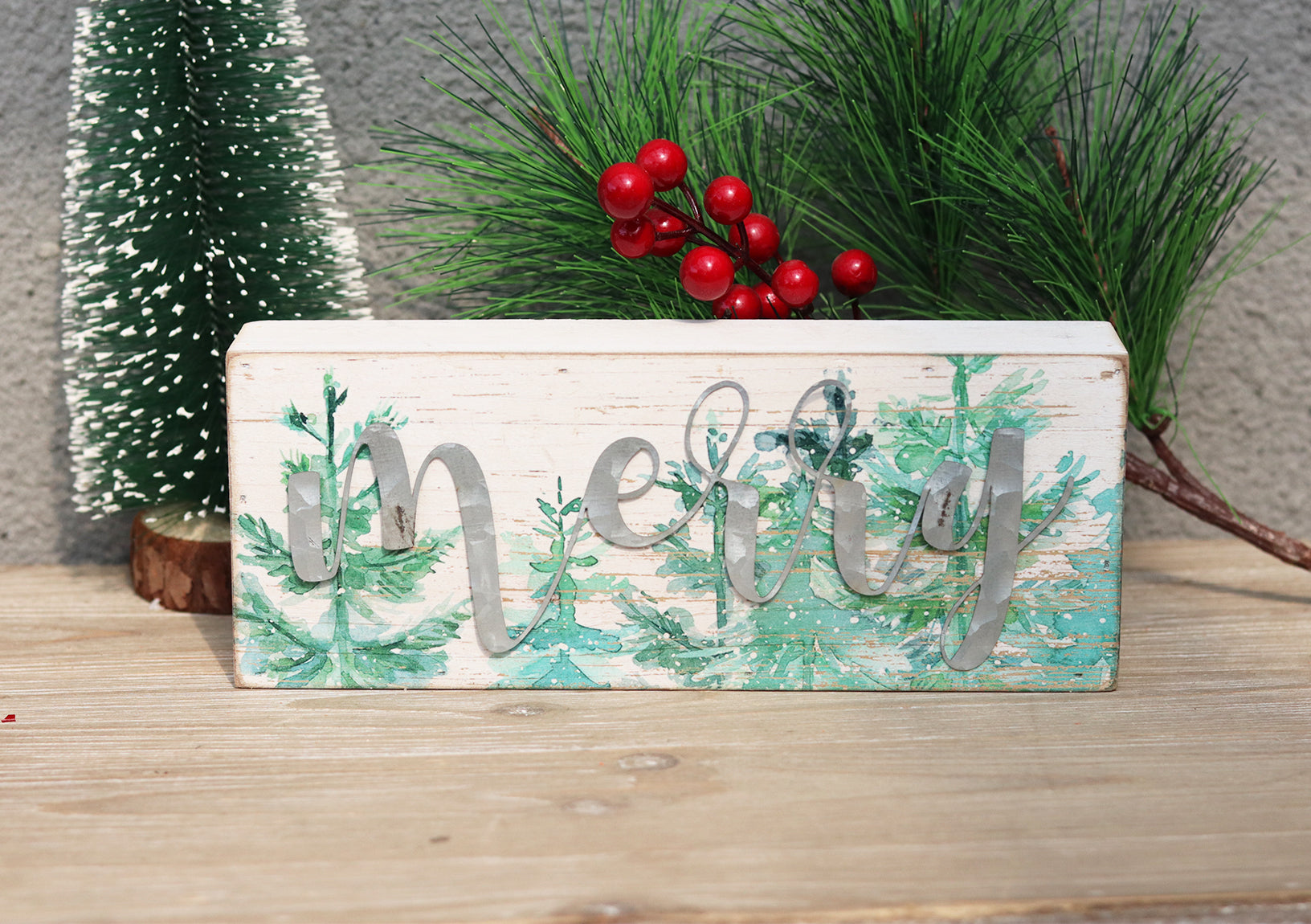 Christmas Wood Box Sign with Galvanized Metal Letters- Merry