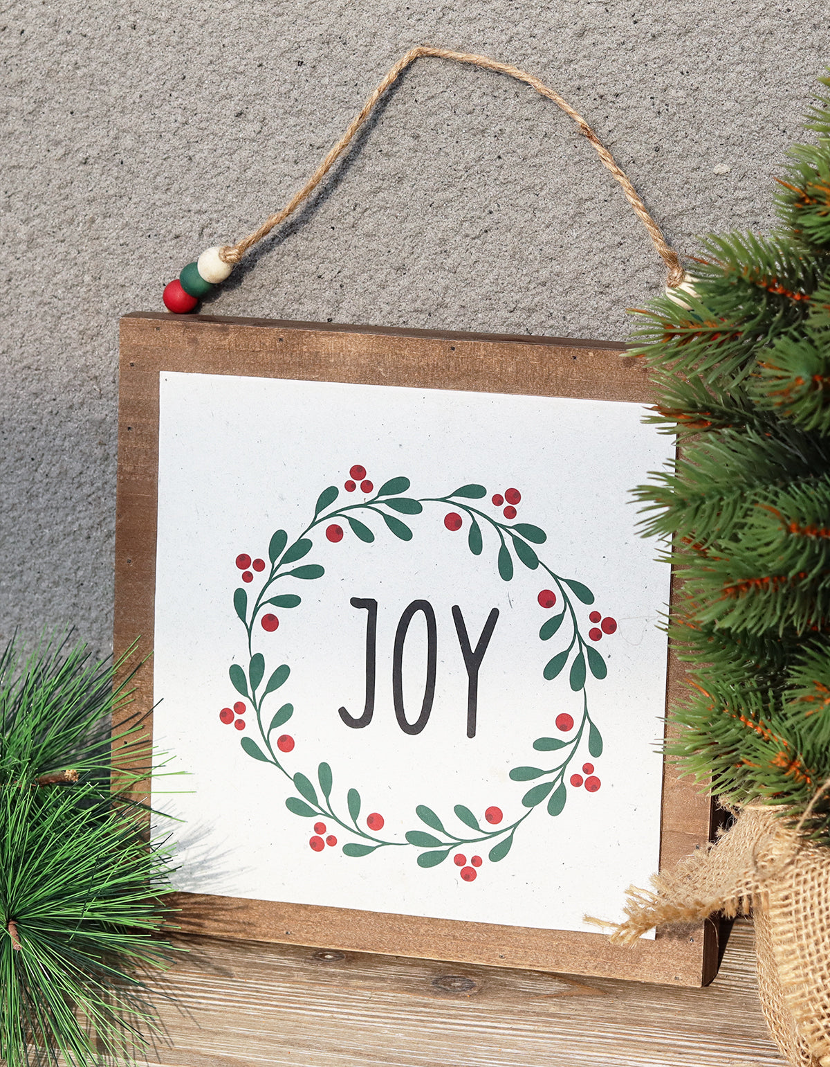 Wood Joy Hanging Sign Decor with Printed Wreath