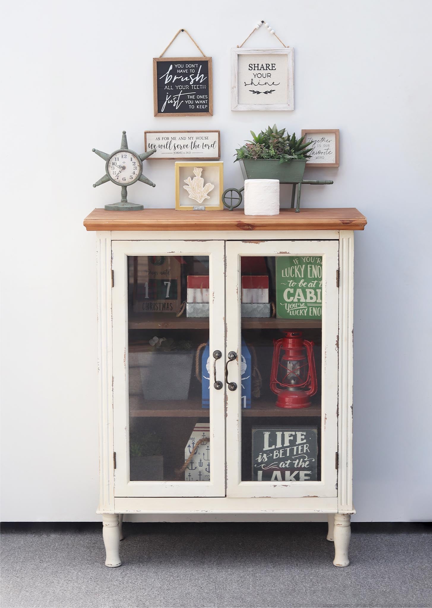 Wood Rustic Cabinet with Glass Doors and Removable Shelves