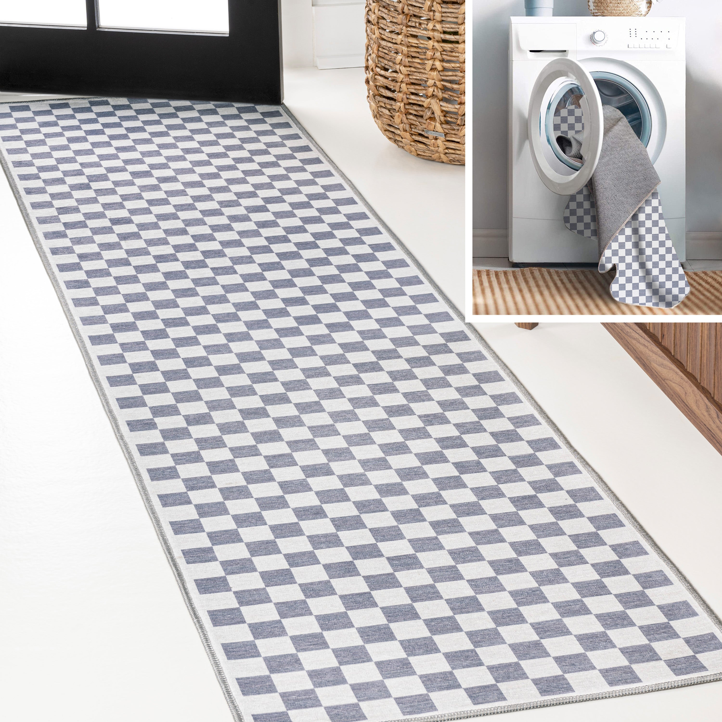 Ainsley Modern Cottage Checkerboard Washable Runner Rug