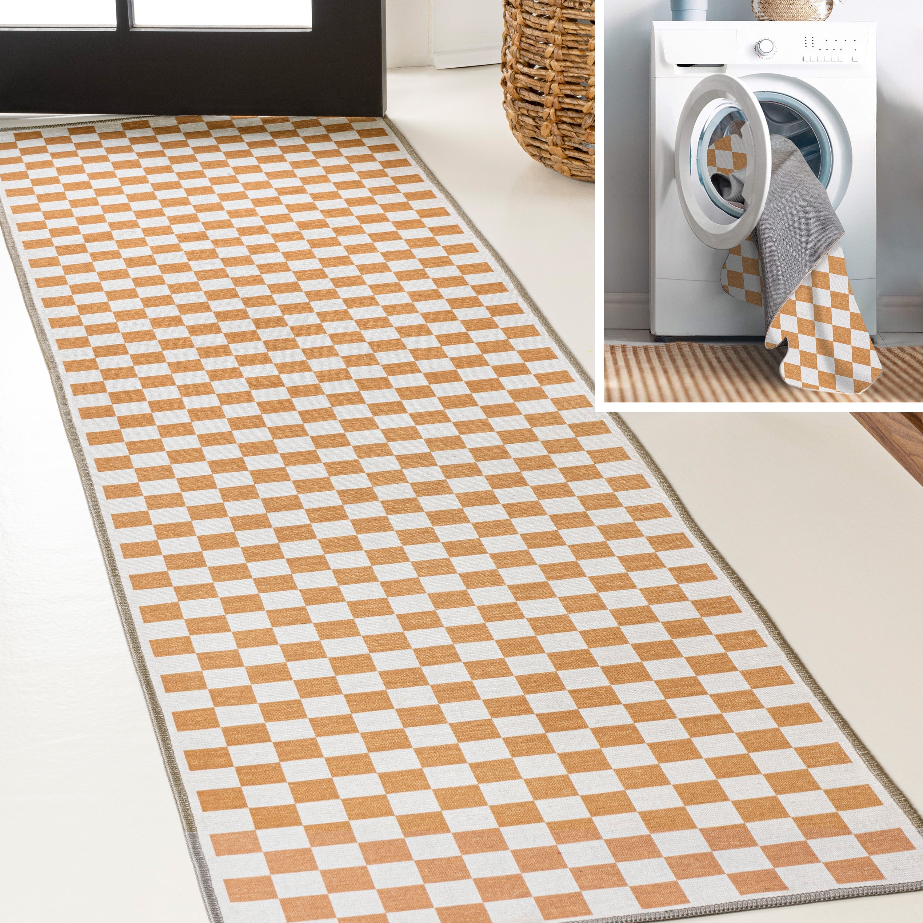 Ainsley Modern Cottage Checkerboard Washable Runner Rug