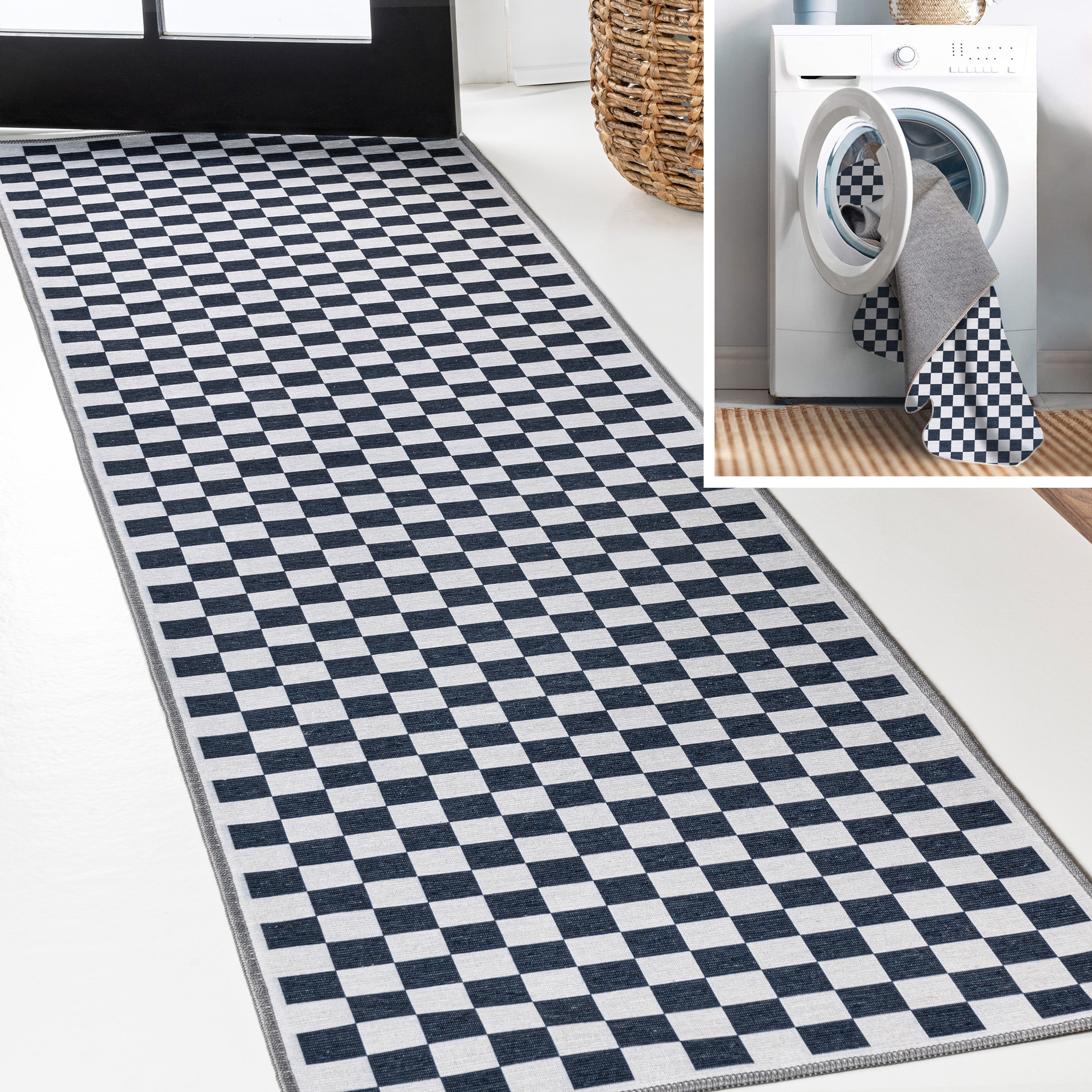 Ainsley Modern Cottage Checkerboard Washable Runner Rug