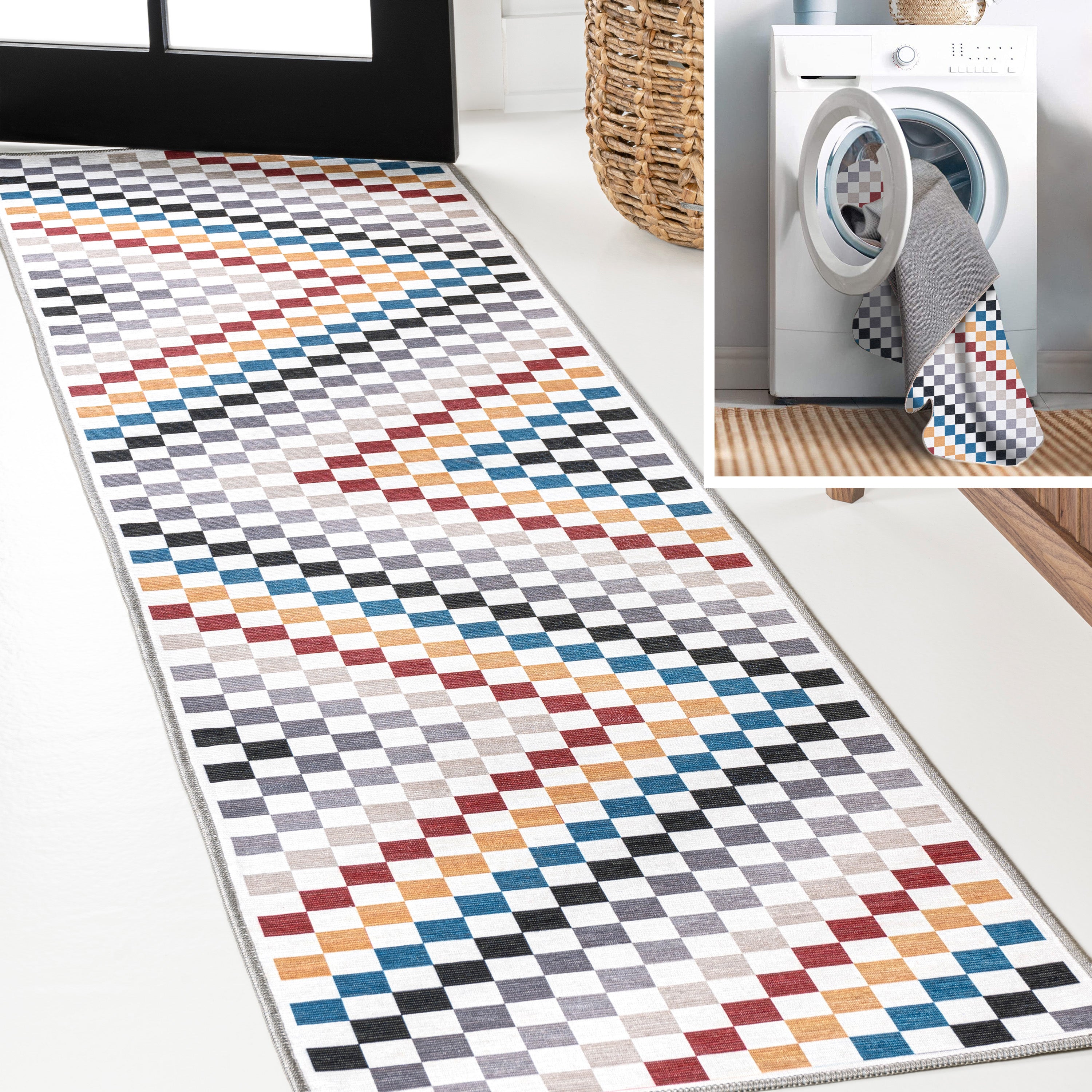 Ainsley Modern Cottage Checkerboard Washable Runner Rug