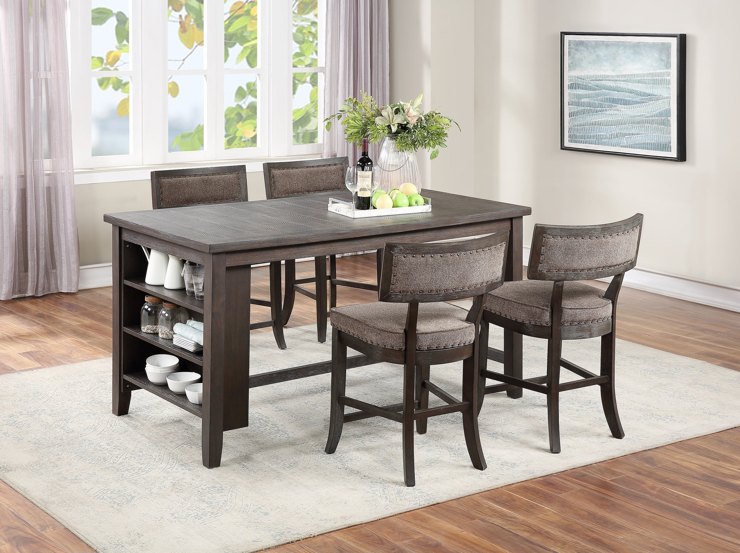 Counter Height Dining Table w Side Shelves Rustic Espresso 5pc Dining Set -Table and 4x High Chairs