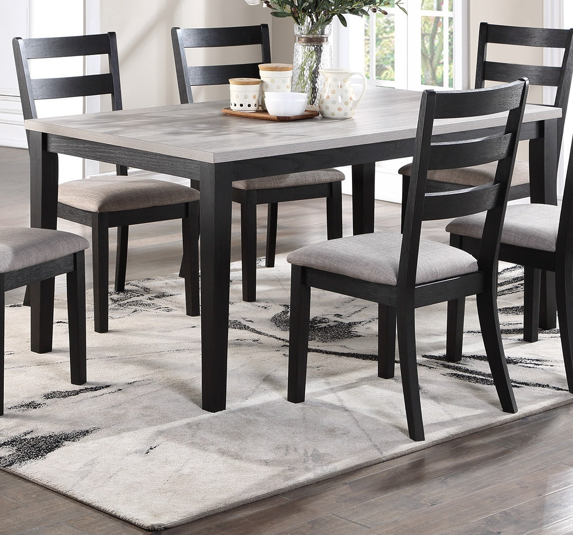 Rustic 7pc Dining Set Dining Room Furniture- Ladder back Side Chairs- light 2-Tone Sand Fabric Seat Cushion