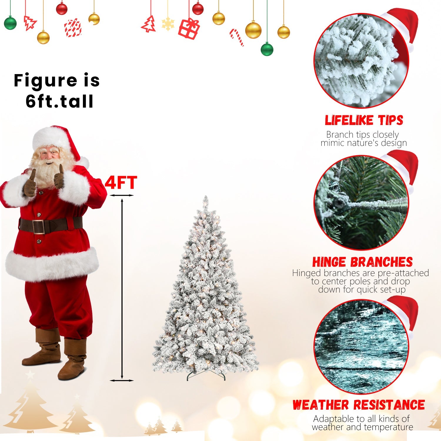 6FT Snow-Flocked Artificial Christmas Tree with Pine Cones, Prelit Xmas Trees, Hinged Easy Assembly & Reinforced Metal Base