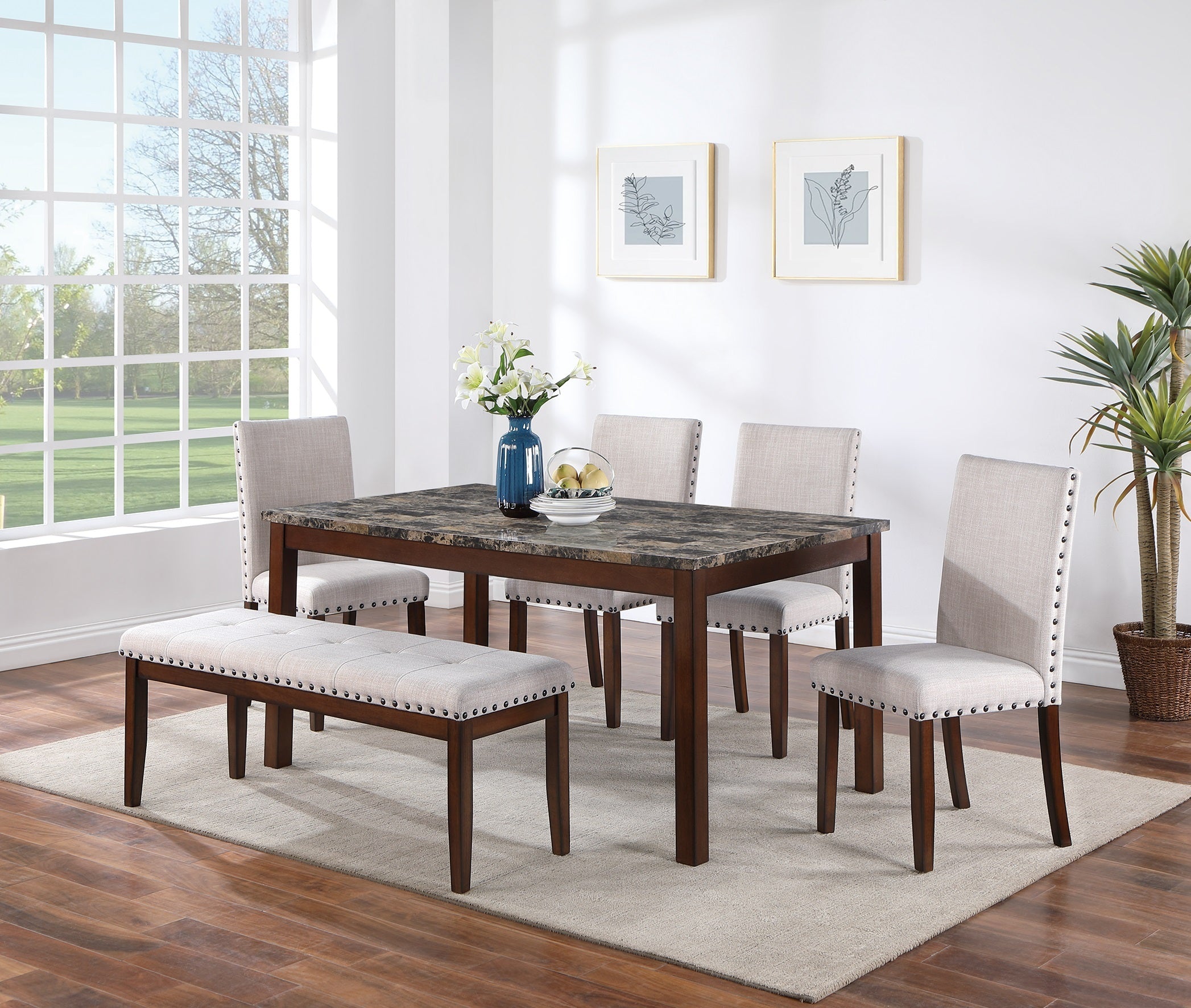 Modern 6pcs Set- Dining Table 4 Side Chairs and A Bench Beige
