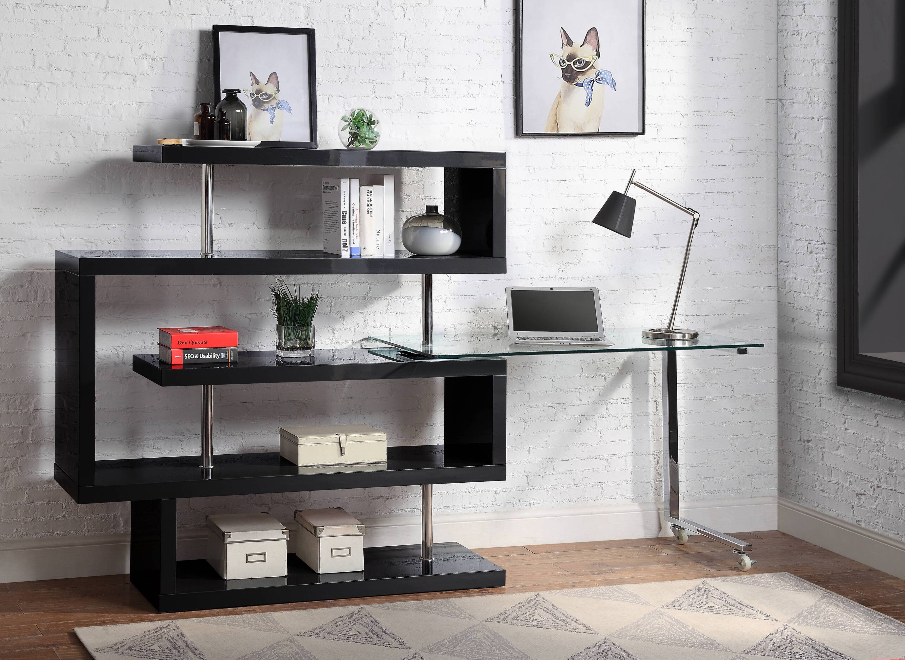 Buck II Clear Glass, Chrome High Gloss Finish Writing Desk with Shelf- Black