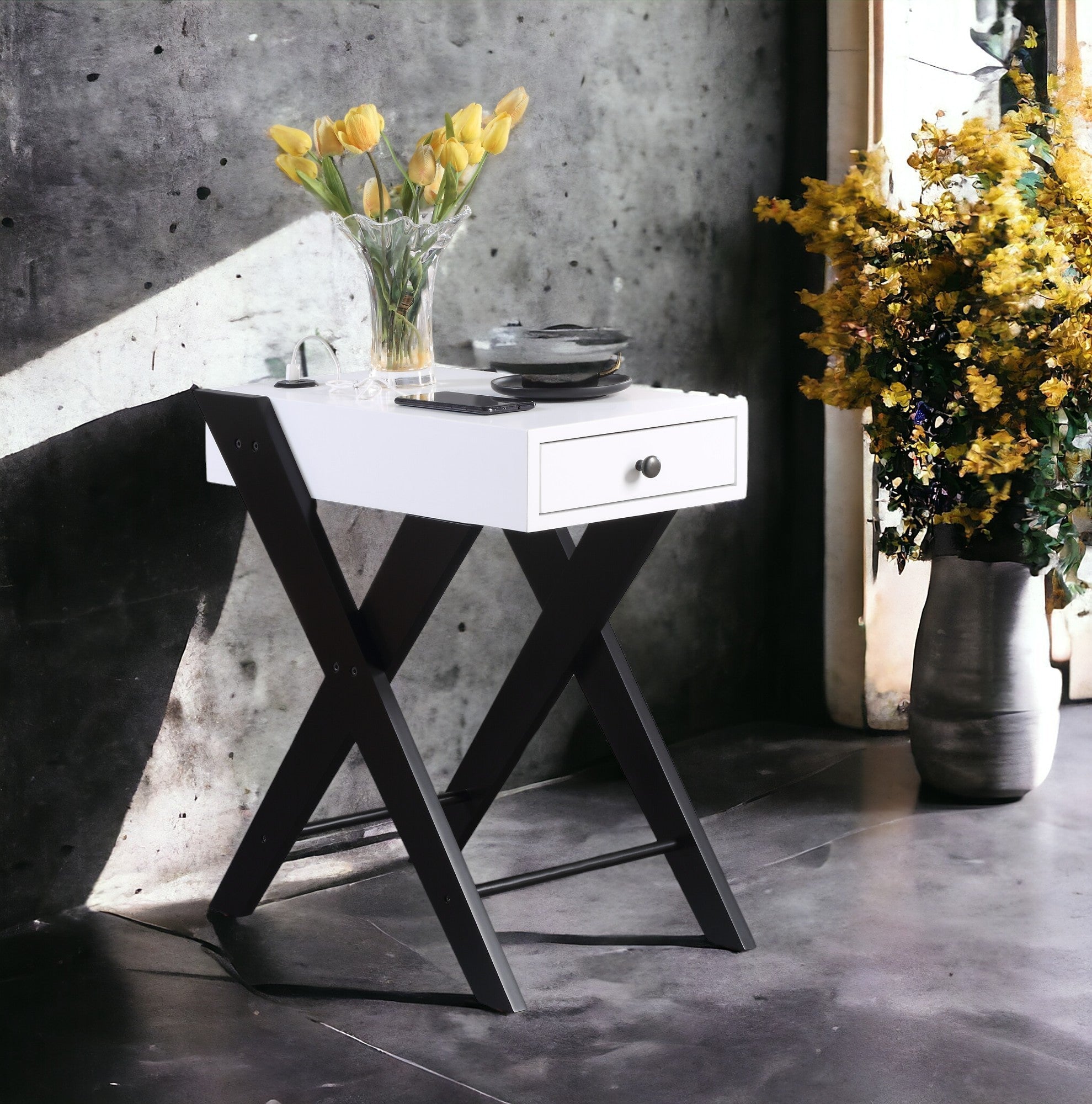 Fierce White and Black Accent Table with Built-in USB Port