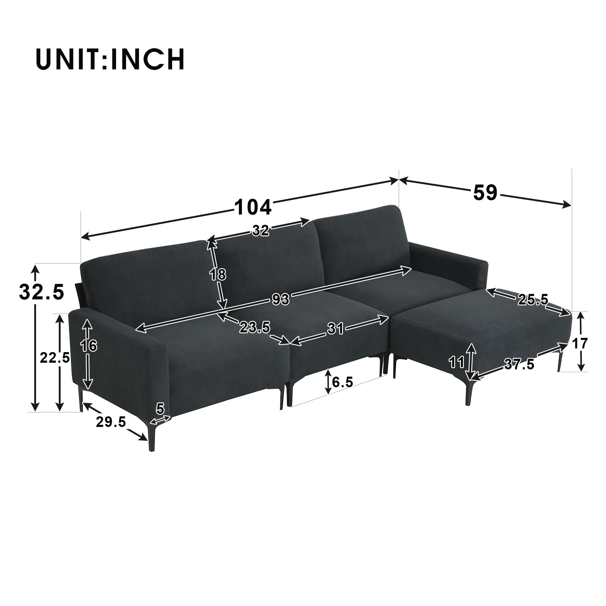 Modern L-shaped Sectional Sofa, 4-seat Velvet Fabric Couch Set with Convertible Ottoman 103 x 59