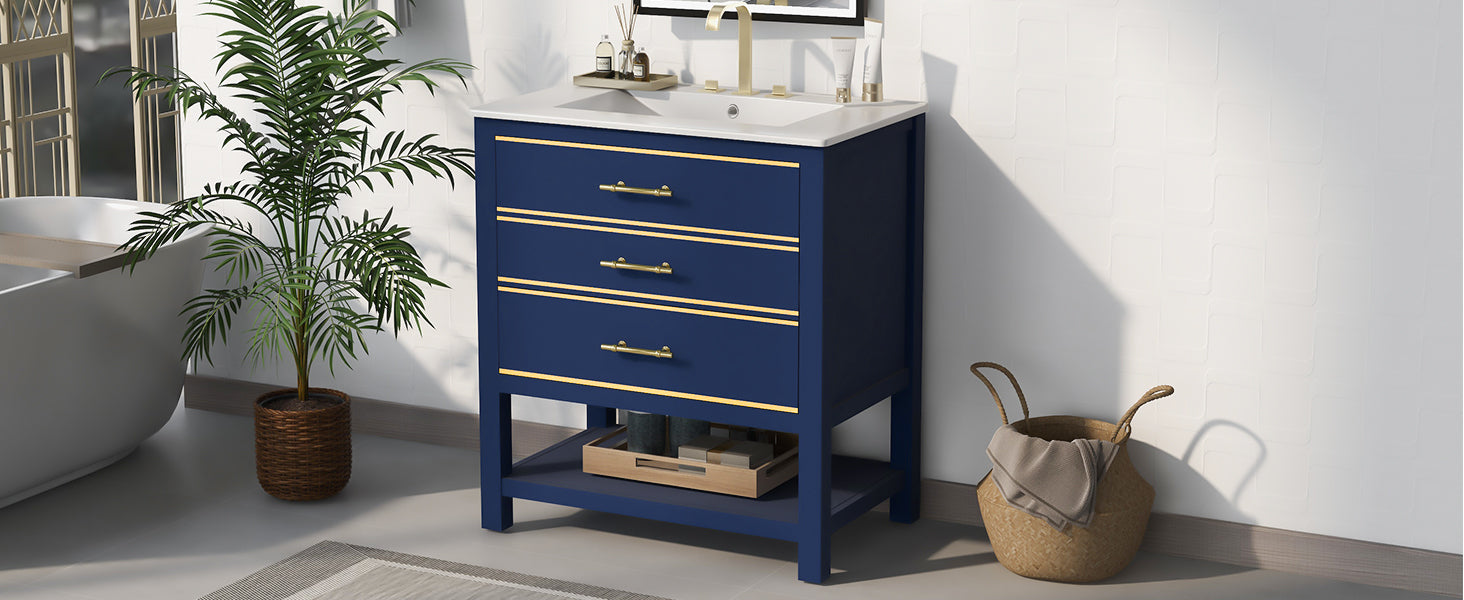 30inch Navy Blue/White Bathroom Vanity Cabinet Combo with Open Storge, Two Drawers